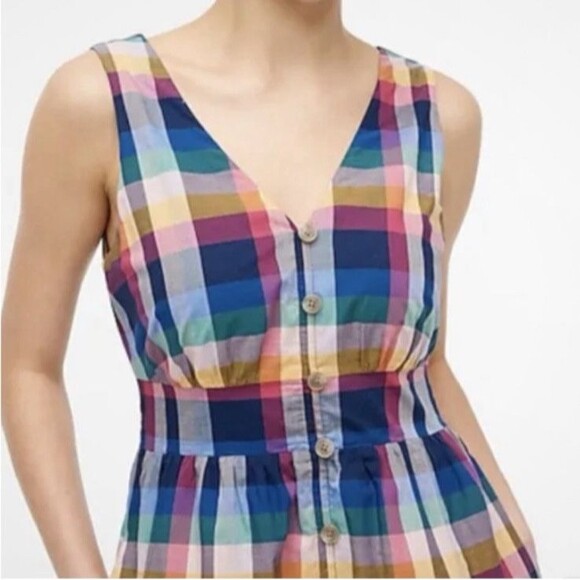 J. CREW Women 2 Mixed Madras Plaid Button-Up Picnic Midi Dress V-Neck Pockets - Picture 5 of 15